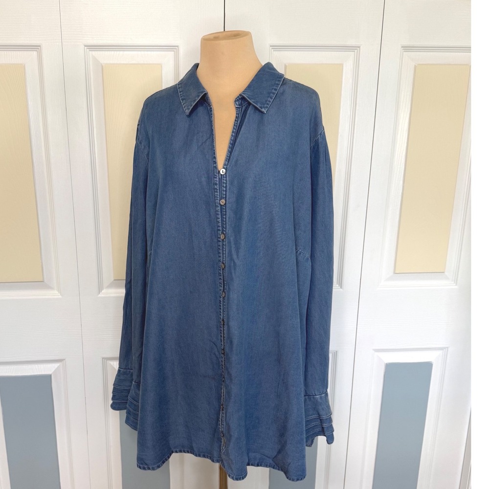 Soft Surroundings Blue Tencel Lyocell Button Down Tunic Top 2X Pintuck Cuff